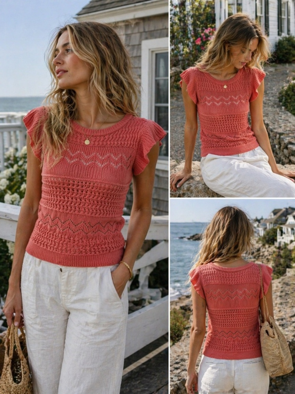 STACCATO Coral Knit Ruffle Sleeve Sweater Top Boho Textured Short Sleeve | Small